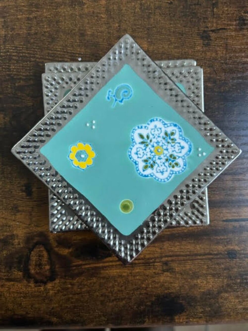 Royal Ceramic Coaster Plates Set 4 Turquoise Silver Edge